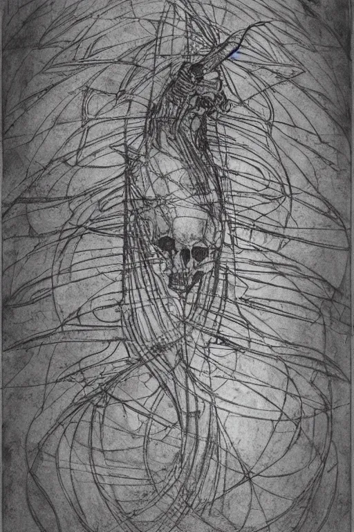 Image similar to leonardo da vinci color intricate full page scan blueprint of concept art dark creature, with tourist decks on grey paper sketch ink style with dark background ultra-detailed technical precision, mixed media with white and silver lines, realistic composition, point of interest at golden ratio, light from right, more darkness on the bottom, monumentally art composition, high quality of sketching with subtle hairlines, highly detailed rounded forms, inside out and outside in, octane render