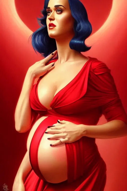 Image similar to pregnant katy perry in a red dress, realistic portrait, symmetrical, highly detailed, digital painting, artstation, concept art, smooth, sharp focus, illustration, cinematic lighting, art by artgerm and greg rutkowski and alphonse mucha