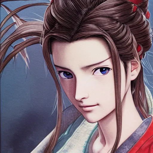 Prompt: portrait of aerith!!!!!!!!! from final fantasy vii, water - color painting by amano yoshitaka, ukiyo - e, ultra realistic, highly detailed, sharp focus, cinematic lighting, mood lighting, realistic, vivid colors, painting, photorealistic, digital art, non blurry, sharp, smooth, illustration