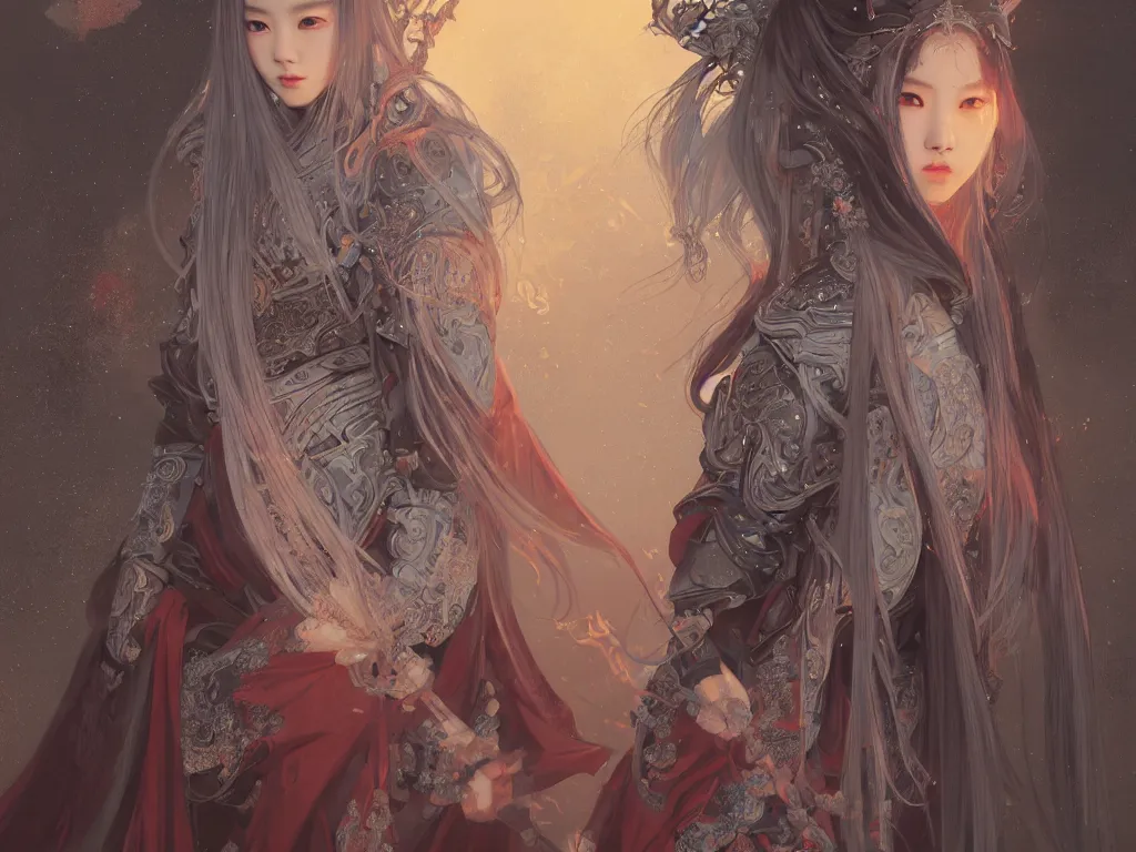 Image similar to portrait jisoo blackpink, grey hair armored samurai clothes, in fire japanese temple wet night, ssci - fi and fantasy, intricate and very very beautiful and elegant, digital painting, artstation, concept art, smooth and sharp focus, illustration, art by tian zi and wlop and alphonse mucha