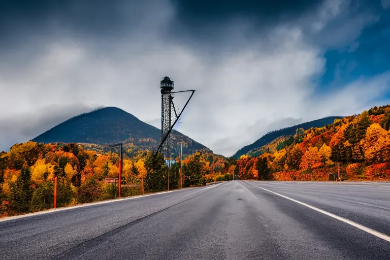 Prompt: a road with warehouses on either side, and an autumn mountain behind it with a radio tower on top. Lens compression, photography highly detailed