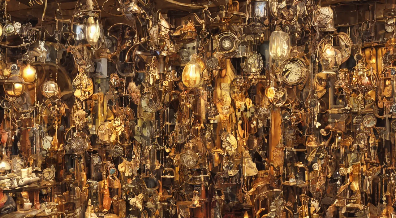 Image similar to closeup of a steampunk shop window by don bluth, photo realistic, completely filled with interesting oddities, things hanging from ceiling, light bulbs, cinematic