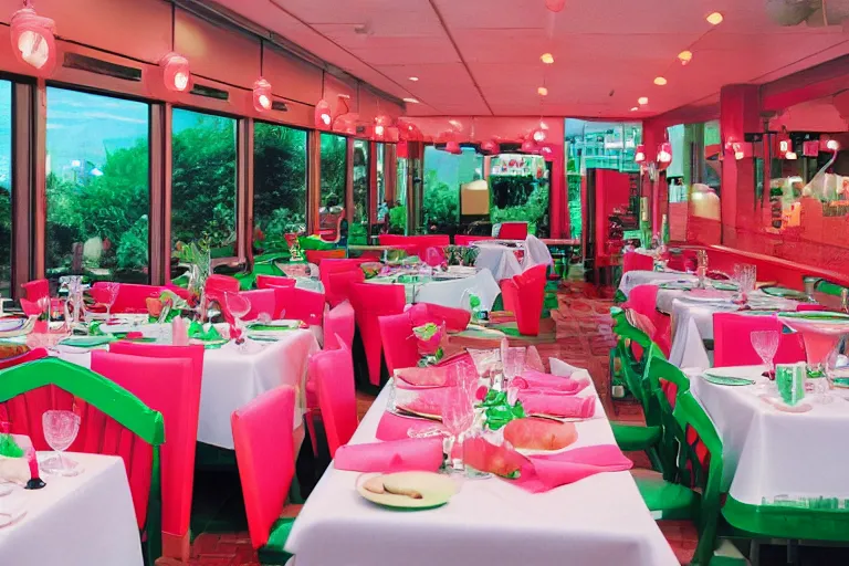 Image similar to 1 9 9 2 watermelon themed diner, tables repeat endlessly into the horizon, fruitcore, watermeloncore, one point perspective, americana, restaurant interior photography, 5 5 mm