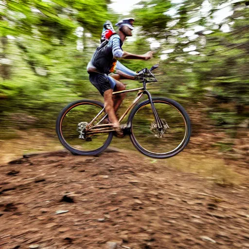 Image similar to An action photo of a giraffe with old school brown pilot goggles riding mountainbike, fast towards the camera, motion blur, high detail, wide shot