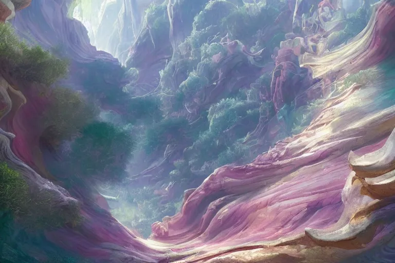 Image similar to Celestial majestic luxurios futuristic other worldly realm with Singaporean royal gold lush volcano, set on Antelope Canyon with white thermal waters flowing down pink travertine terraces, relaxing, ethereal and dreamy, during the thunderstorms and multiversal tornado with chaotic disaster, visually stunning, from Star Trek 2021, illustration, by WLOP and Ruan Jia and Mandy Jurgens and William-Adolphe Bouguereau, Artgerm