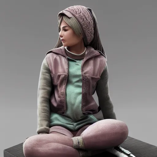 Image similar to beautiful female figurine, sitting teenager, full body, realistic portrait, octane render 8 k, unreal engine, hd