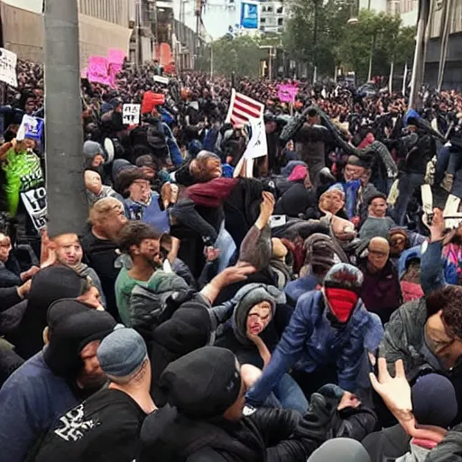 Prompt: a photo of rioters demanding free playstations