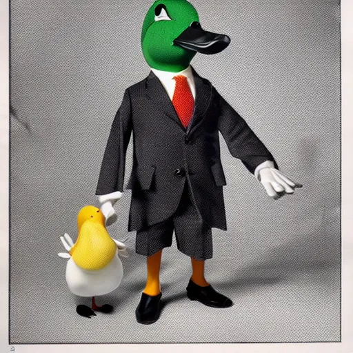 Image similar to a high detail photo of an antropomorphic duck wearing a suit, subject= duck, subject detail: wearing a suit, photorealism