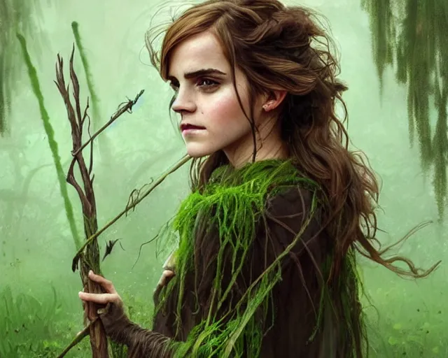 Image similar to mindblowing portrait of emma watson as a swamp witch, green colored skin!!, holding a caduceus staff, messy hair, deep focus, d & d, fantasy, intricate, elegant, highly detailed, digital painting, artstation, concept art, matte, sharp, illustration, hearthstone, art by artgerm and greg rutkowski and alphonse mucha