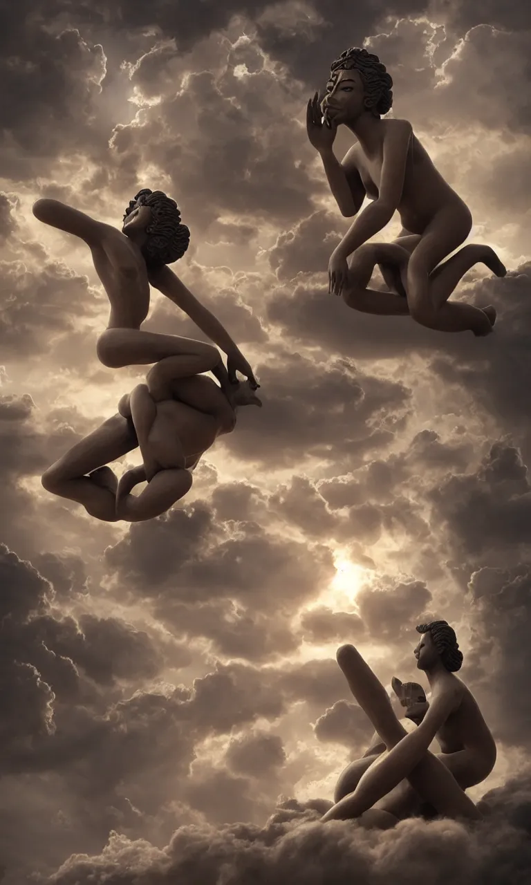 Prompt: massive mess of Kajuraho sculptures melted in a organic form all together become real beautiful human realistic bodies practising kamasutra in the clouds, celestial light, photo real, by luis ricardo falero ,trending on artstation , rule of thirds, Highly detailed, anatomically correct, dramatic lighting,
