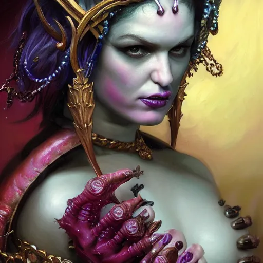 Image similar to closeup portrait shot of brian molko as slaanesh, the prince of pleasure, lord of excess, she who thirsts, desire, highly detailed, digital painting, artstation, concept art, soft focus, depth of field, artgerm, tomasz alen kopera, peter mohrbacher, donato giancola, wlop, boris vallejo