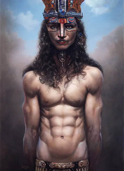 Prompt: portrait of a macho aztec god, by bogdan rezunenko and denys tsiperko and tom bagshaw, hyperrealism