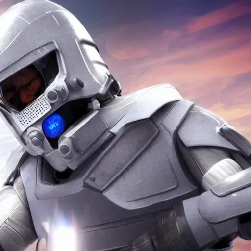 Image similar to close up photograph of an old man who is a veteran of many futuristic wars with short gray hair and blue eyes. he is wearing a white futuristic suit of heavy combat armor and holding a blaster in one hand and a plaster plazma - proof shield in the other. riding a white armored motorcycle charging into enemy lines while firing plasma bolts.