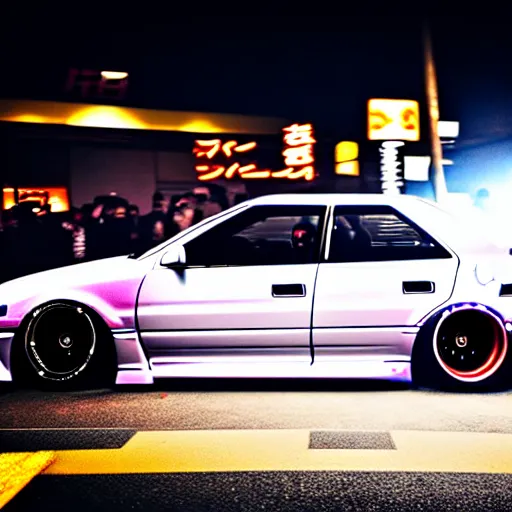 Image similar to a car JZX100 twin turbo drift at illegal car meet, Shibuya prefecture, city midnight mist lights, cinematic lighting, photorealistic, highly detailed wheels, high detail