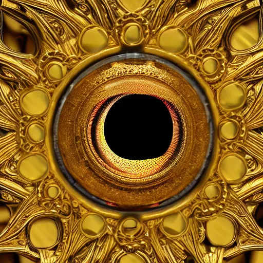 Prompt: The eye of god Rah, intricate, ornate, photorealistic, ultra detailed, gold, octane render, high definition, depth of field, bokeh, 8k, artstation