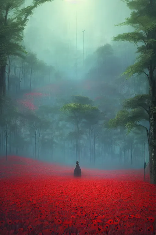 Image similar to VAST FOREST, red poppies, dreamlike, psychedelic, otherworldly, weird, cyberpunk, vaporware, interesting details, volumetric lighting, dramatic, fantasy, by Moebius, by zdzisław beksiński, ARTGERM, Fantasy LUT, epic composition, 8k,