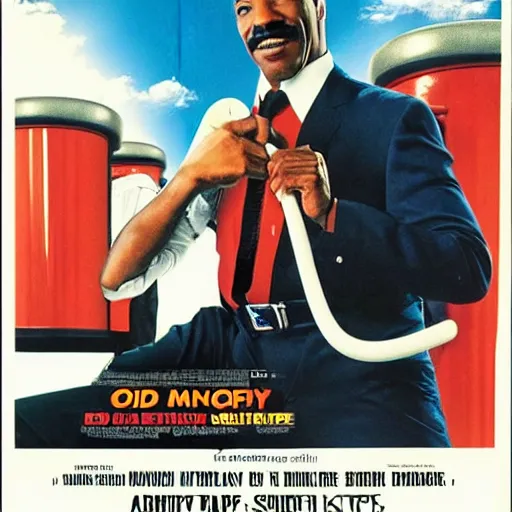 Prompt: a 8 0's movie poster starring eddie murphy as a plumber for rich people. he's in a bathroom holding a toliet plunger. cinematic. the movie is titled beverly hills crap