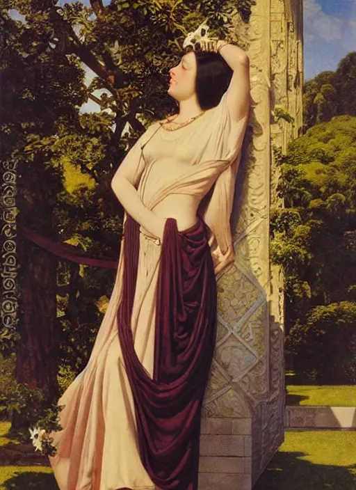 Image similar to an oil painting a queen with dark hair and white fair skin standing on a throne by maxfield parrish, highly detailed, realistic, realism, oil painting, 1 9 th