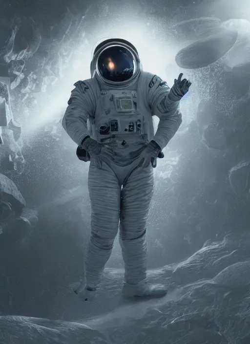 Image similar to concept art by craig mullins astronaut in futuristic dark and empty spaceship underwater. infrared glowing lights. complex and hyperdetailed technical suit. reflection and dispersion materials. rays and dispersion of light. volumetric light. 5 0 mm, f / 3 2. noise film photo. flash photography. unreal engine 4, octane render. interstellar movie art