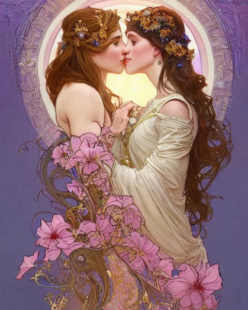 Image similar to the kiss | highly detailed | very intricate | art nouveau | gold filigree | romantic storybook fantasy | soft cinematic lighting | award - winning | disney watercolor illustration by mandy jurgens and alphonse mucha and alena aenami | pastel color palette | featured on artstation