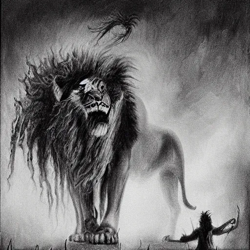 Prompt: Black and white drawing of Mufasa\'s death scene, Stephen Gammell style, evil, high detail, Scary Stories