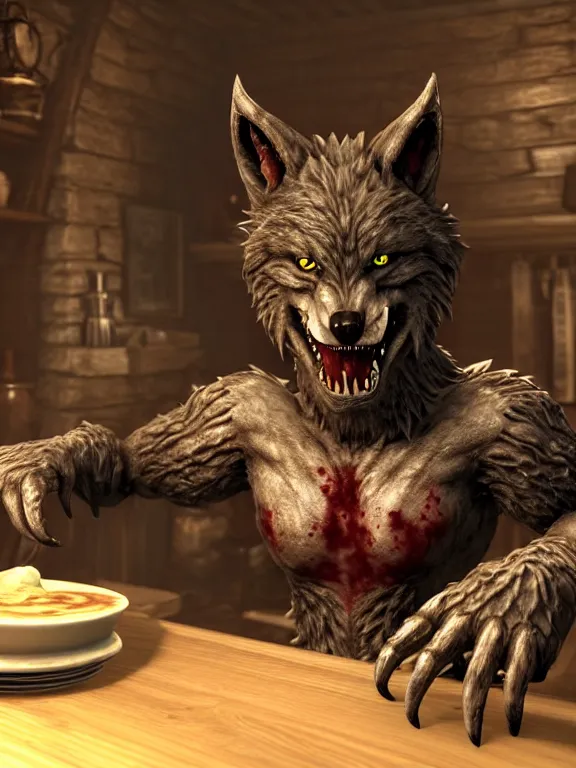 Prompt: cute handsome cuddly burly surly relaxed calm timid werewolf from van helsing sitting down at the breakfast table in the kitchen of a normal suburban home wearing apron having fun baking strawberry tart cakes unreal engine hyperreallistic render 8k character concept art masterpiece screenshot from the video game the Elder Scrolls V: Skyrim