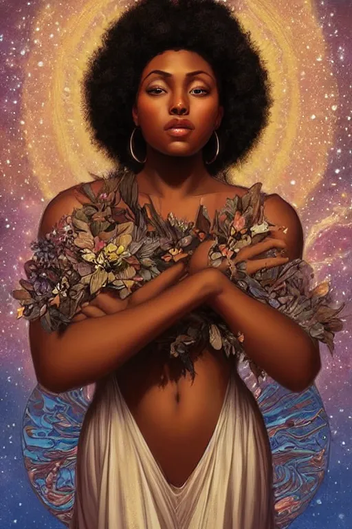Prompt: beautiful black girl magic, nature goddess with brown skin in front of nebulae bursting halos, crisp digital painting by artgerm by mucha by caravaggio and face by wlop