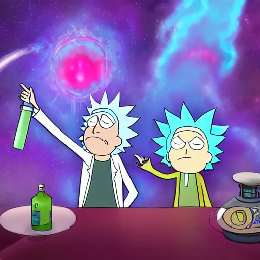 Image similar to rick sanchez and morty smith from rick and morty brewing a potion in space, amazing digital art, highly detailed