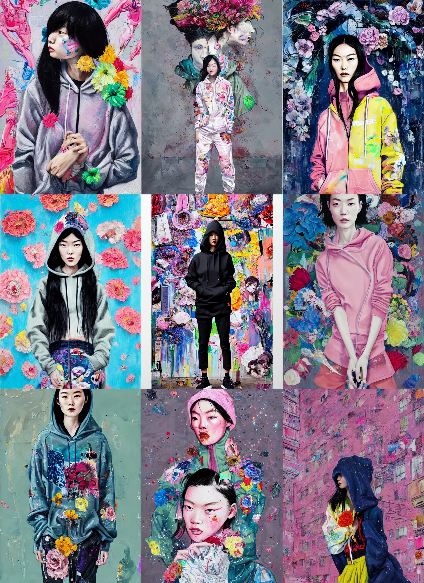 Prompt: liu wen wearing a hoodie standing in a township street in the style of martine johanna, street clothing, haute couture! fashion!, full figure painting by andrei riabovitchev, tara mcpherson, david choe, decorative flowers, detailed painterly impasto brushwork, pastel color palette, die antwoord