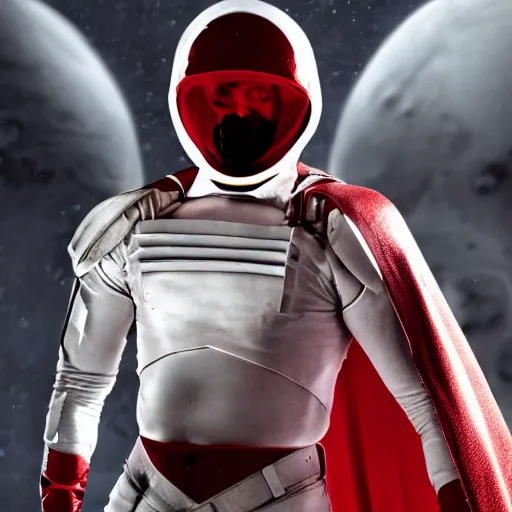 Image similar to a tall muscular soldier, wearing blood - spattered glossy sleek white dinged scuffed armor and a long torn red cape, heroic posture, determined expression, gritty, no helmet, on the surface of mars, dramatic lighting, cinematic, sci - fi, hyperrealistic, detailed