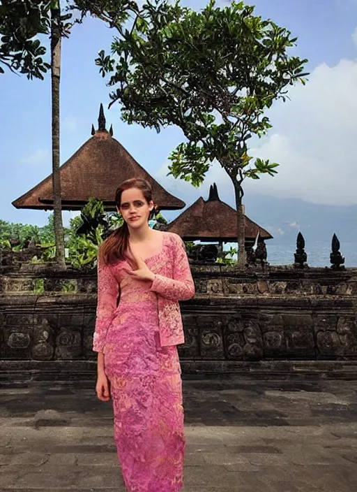 Prompt: emma watson wearing kebaya bali in bali. iconic place in bali. front view. instagram holiday photo shoot, beautiful