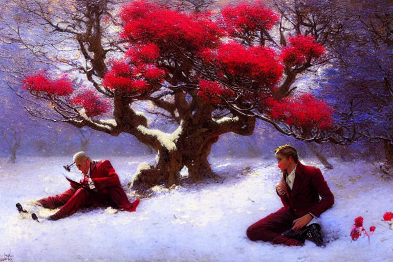 Image similar to winter, a clean - shaven white businessman relaxing under a world tree with red flowers, ground covered with snow, extreme long shot, painting by gaston bussiere, craig mullins, j. c. leyendecker, trending on artstation