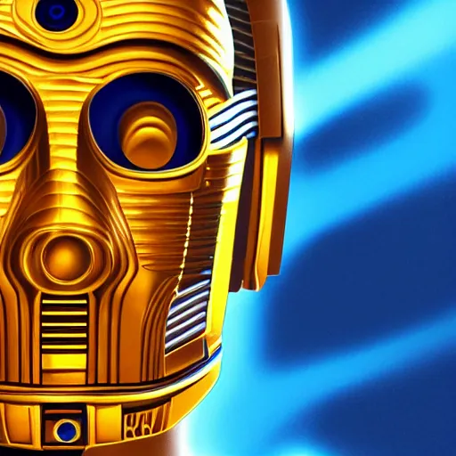 Image similar to portrait of c 3 p 0, blue and yellow glowing lights, highly detailed, digital painting, artstation, smooth, sharp focus