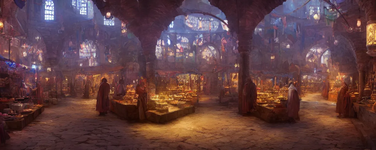 Image similar to inside of a medieval era bazaar, vaporwave aesthetics, 8 k uhd, unreal engine, octane render in the artstyle of finnian macmanus, john park and greg rutkowski