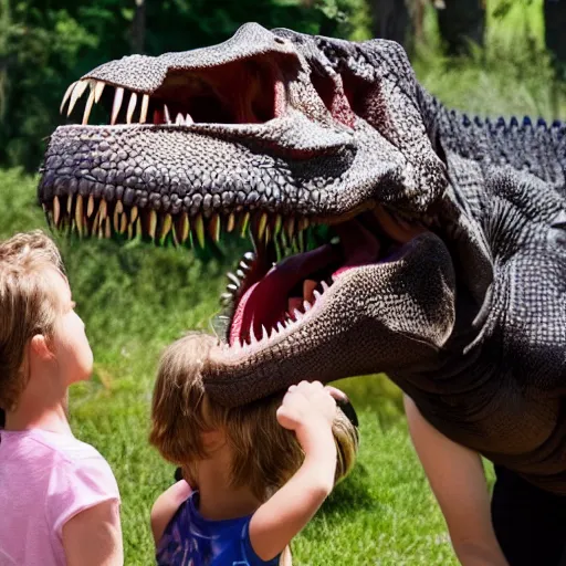 Image similar to a highly detailed photo of kids petting a t rex at a petting zoo, 4 k high - resolution photograph, ultra detail, hd photo