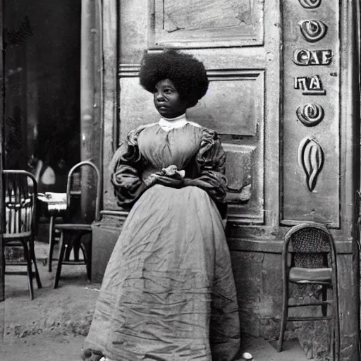 Image similar to afro woman on a cafe in paris, 1 8 0 0 s