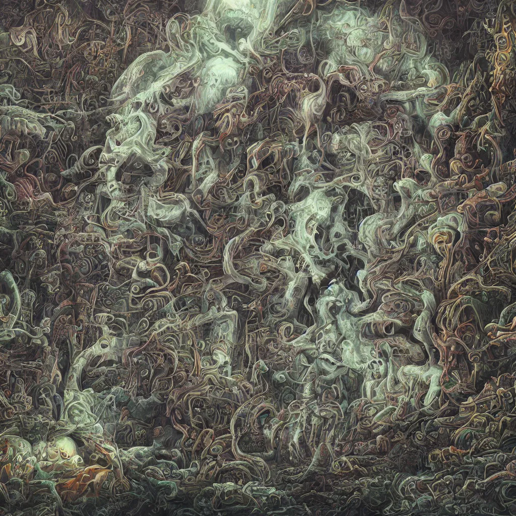 Image similar to hyper - detailed painting of ghostly character composition in the style of artist chris mars, in a landscape