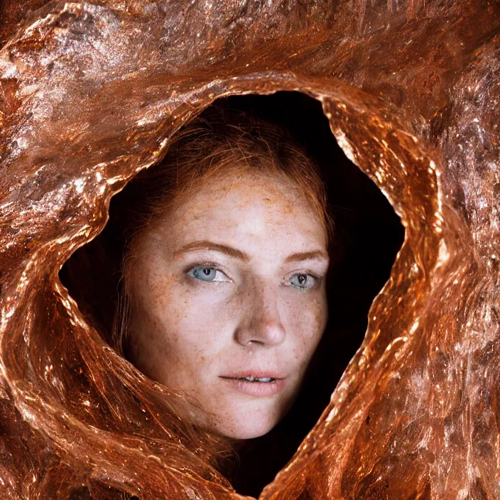 Prompt: closeup portrait of a woman wrapped in copper fiber, standing in skaftafell ice cave in iceland, color photograph, by vincent desiderio, canon eos c 3 0 0, ƒ 1. 8, 3 5 mm, 8 k, medium - format print