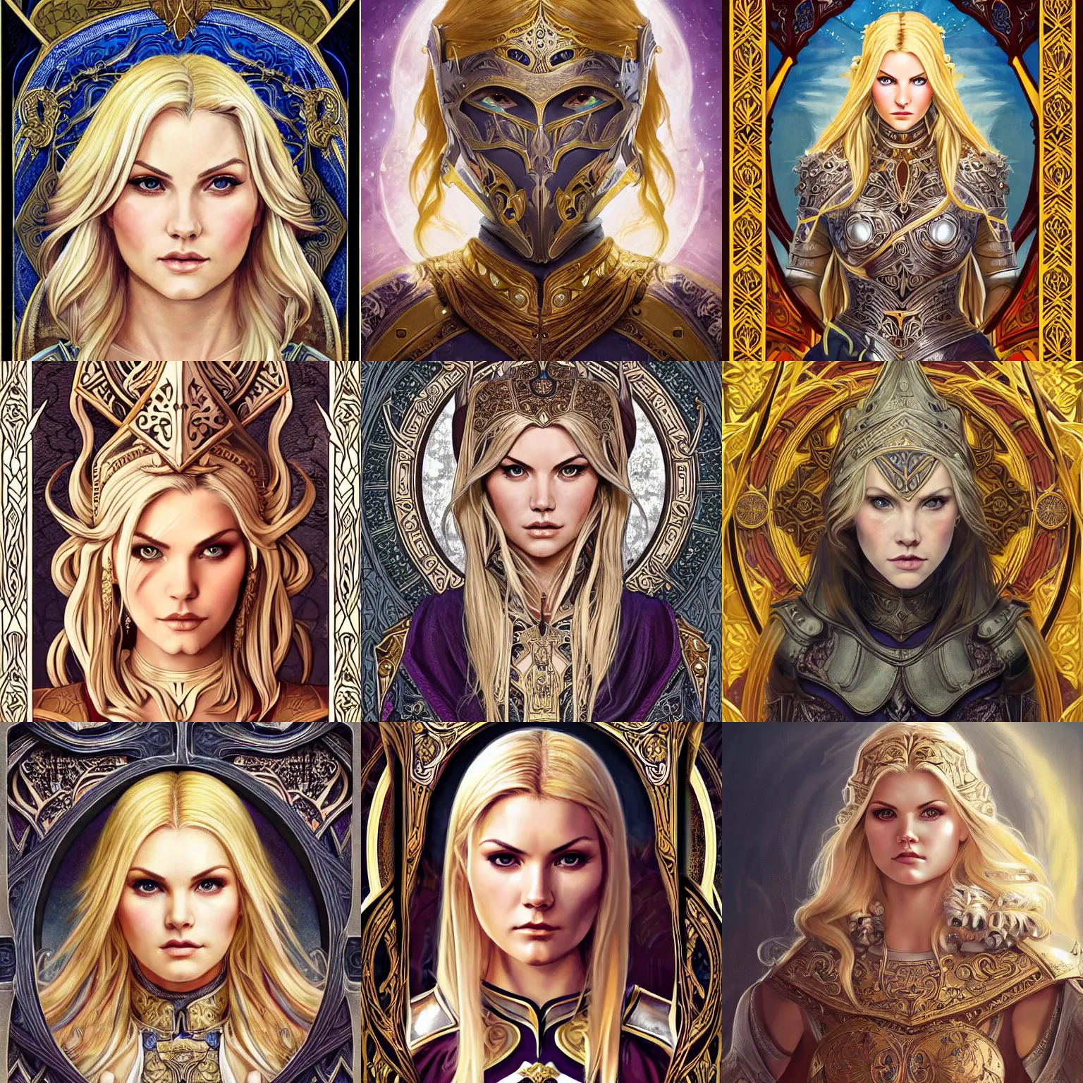 Image similar to head-on symmetrical centered painted portrait, Elisha Cuthbert as a paladin, blonde hair, ornate iron armour, art nouveau, tarot card style, medieval robes, fantasy, intricate, elegant, highly detailed, smooth, sharp focus, illustration, artstation, in the style of Artgerm and Anna Podedworna and Alex Ross and Mucha