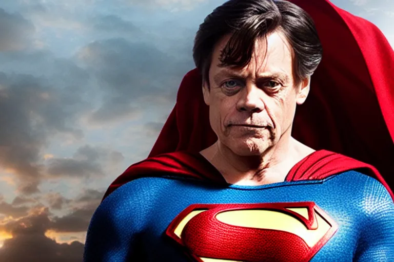 Image similar to promotional image of mark hamill as superman in the new superman movie, detailed face, movie still frame, promotional image, imax 70 mm footage