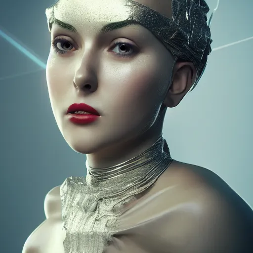 Image similar to beautiful girl in a dress made of metal foil, beautiful portrait, symmetrical, character concept style trending on artstation concept art detailed octane render cinematic photo - realistic 8 k high detailed