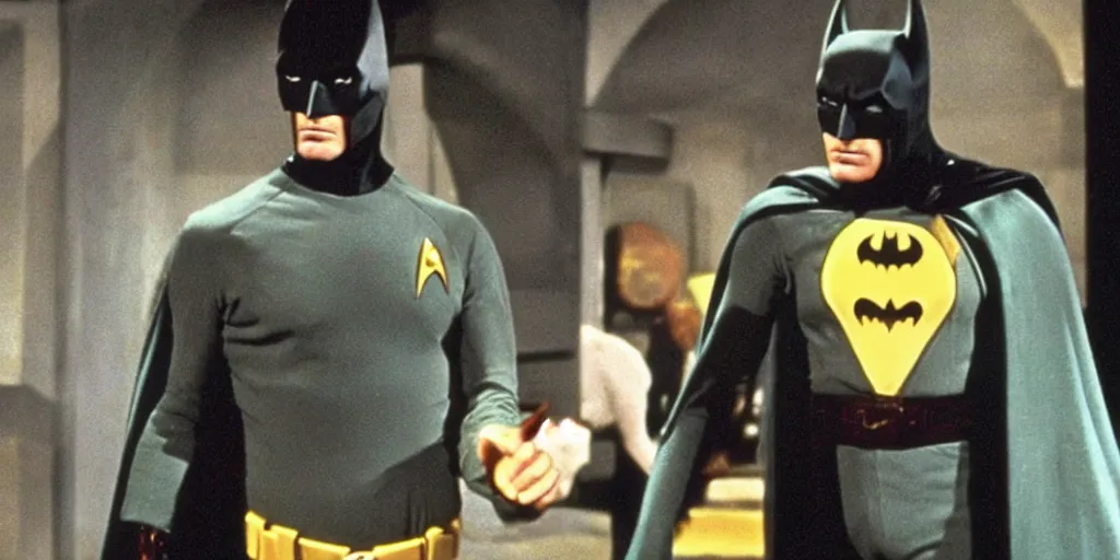 Image similar to Batman f in the role of Captain Kirk in a scene from Star Trek the original series