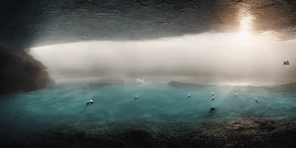 Image similar to a great photograph of the most amazing golf hole in the world under water, fish everywhere, perfect light, ambient light, 5 0 mm, golf digest, top 1 0 0, fog