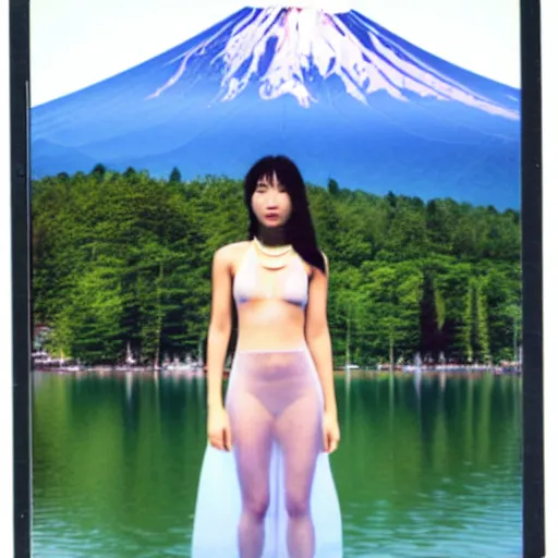 Image similar to a instax photo of fuji mountain, a beautiful girl in a transparent sheer fabric dress against the background of a lake, full body shot, perfect symmetrical body, perfect symmetrical face, coherent symmetrical eyes, hyperrealistic, hyperdetailed, octane render, 8 k
