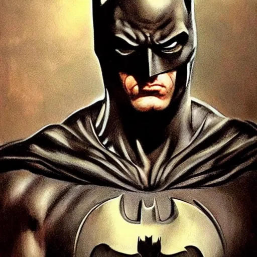 Image similar to an ultra - realistic portrait painting of batman in the style of frank frazetta. 4 k. ultra - realistic. highly detailed. dark fantasy. creepy lighting.