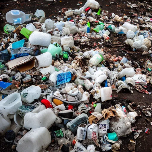 Image similar to lumpy dirty styrofoam garbage dump next to a broken mannequin, sigarette buds, wet newspaper, magazines, dirty water puddle, 8k