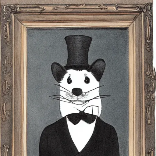 Image similar to a portrait of a jaunty gentleman ferret wearing a monocle by edward gorey