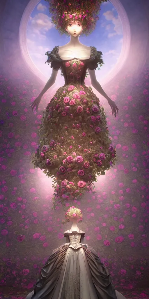 Prompt: the beautiful hyperdetailed physical rendering of a single rose flower wedding gothic lolita dress clothing design display in show in front of your eyes, perfectly shaded, atmospheric lighting, in the style of makoto shinkai, raphael lacoste louis comfort tiffany, artgerm, karol bak, ross tran, 8 k hd, fine texture structure, 3 drender,