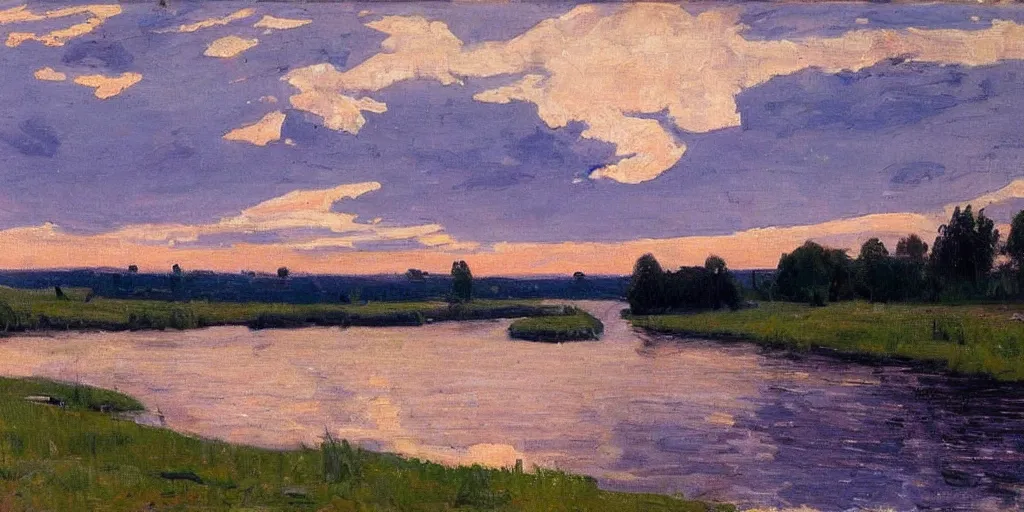 Image similar to a river in spring, birds are in the sky, puffy clouds, settle sunset, in style of Isaac Levitan,