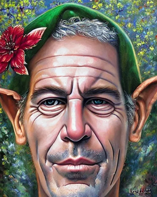 Prompt: Jeffrey Epstein as a beautiful elf princess, oil painting, by laura sava